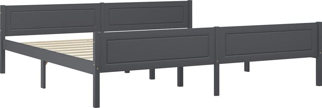 A dark gray wooden bed frame with a slatted mattress base is shown against a white background.