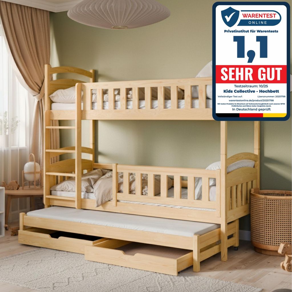 Hochbett 90x200 Etagenbett Kinderbett Jugendbett Stockbett 3 Kinder, zwei Schubladen & Rausfallschutz Kinder Bett umbaubar in 3 Einzelbetten | von ...