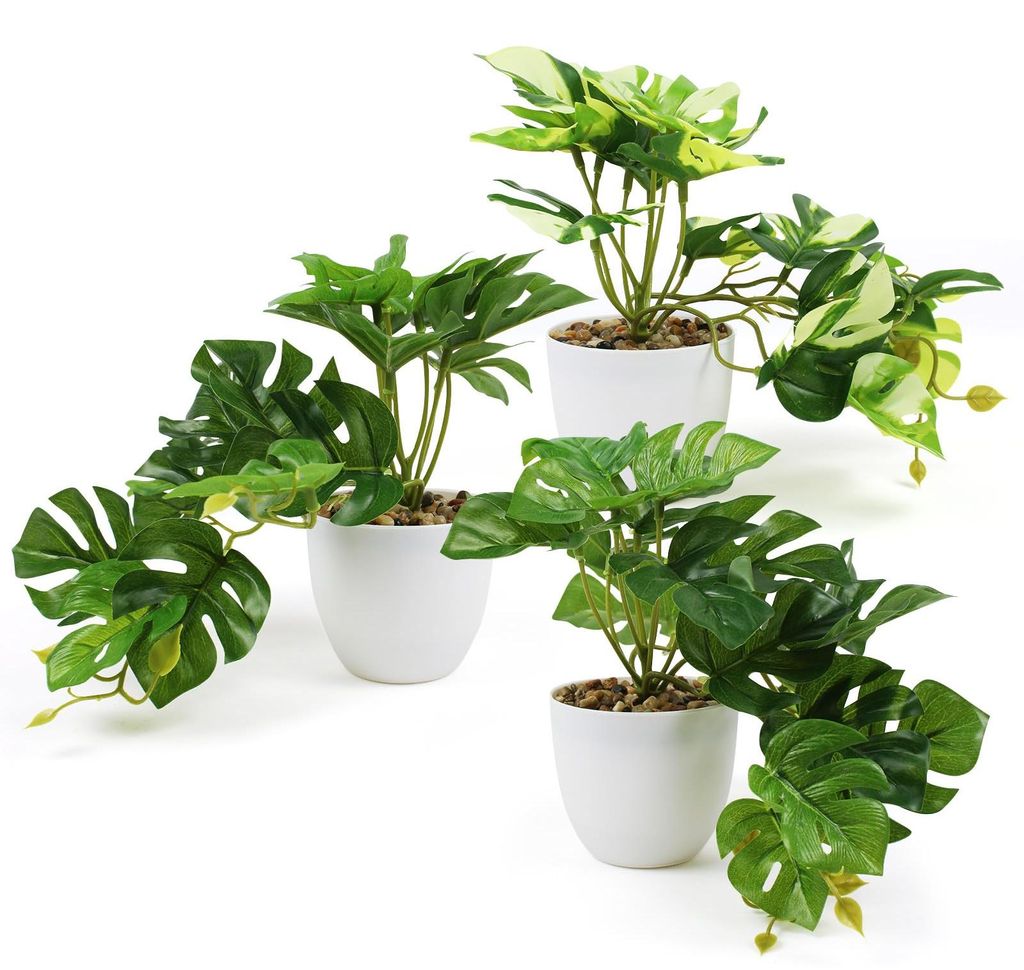 Künstliche Pflanze (20 cm) im Topf, 3 Mini-Kunstpflanzen, künstliche Monstera-Pflanzen, künstliche Pflanzen für drinnen und draußen, naturgetr...