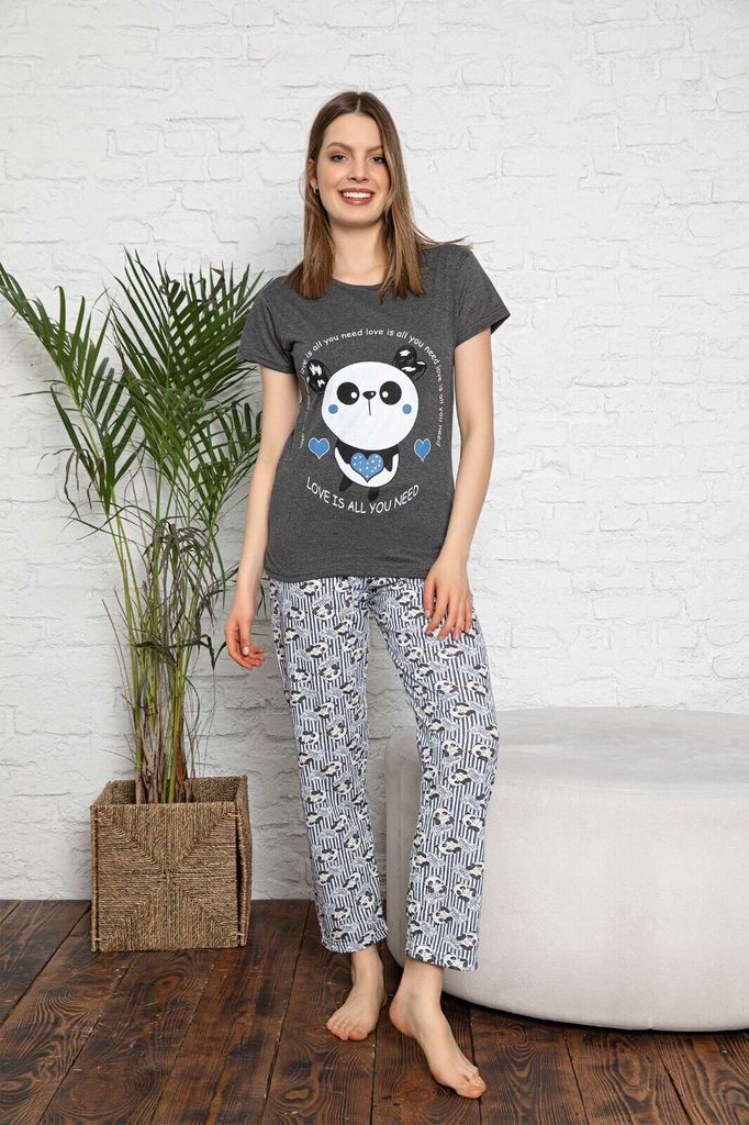 Damen Pyjama Schlafanzug Grau XXL Kurz 2-Teiler Set A-86