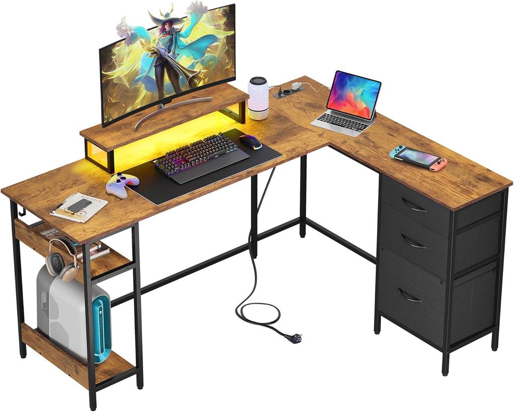 L-förmiger Gaming-Eckschreibtisch, 150×118 cm, mit Schubladen, Steckdose und USB-Anschluss, geräumiger Computertisch mit Stauraum für Homeoffice