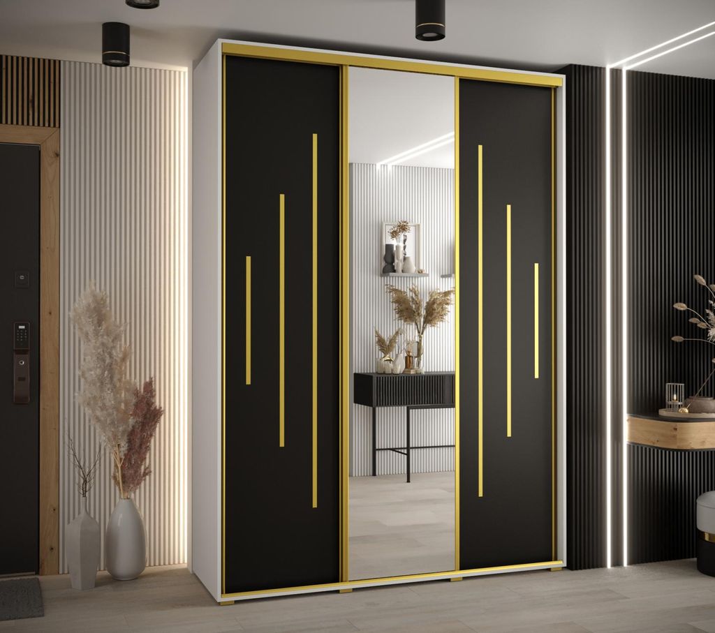 Kleiderschrank YVONA 13 – 180/45 cm, weiß/schwarz/gold