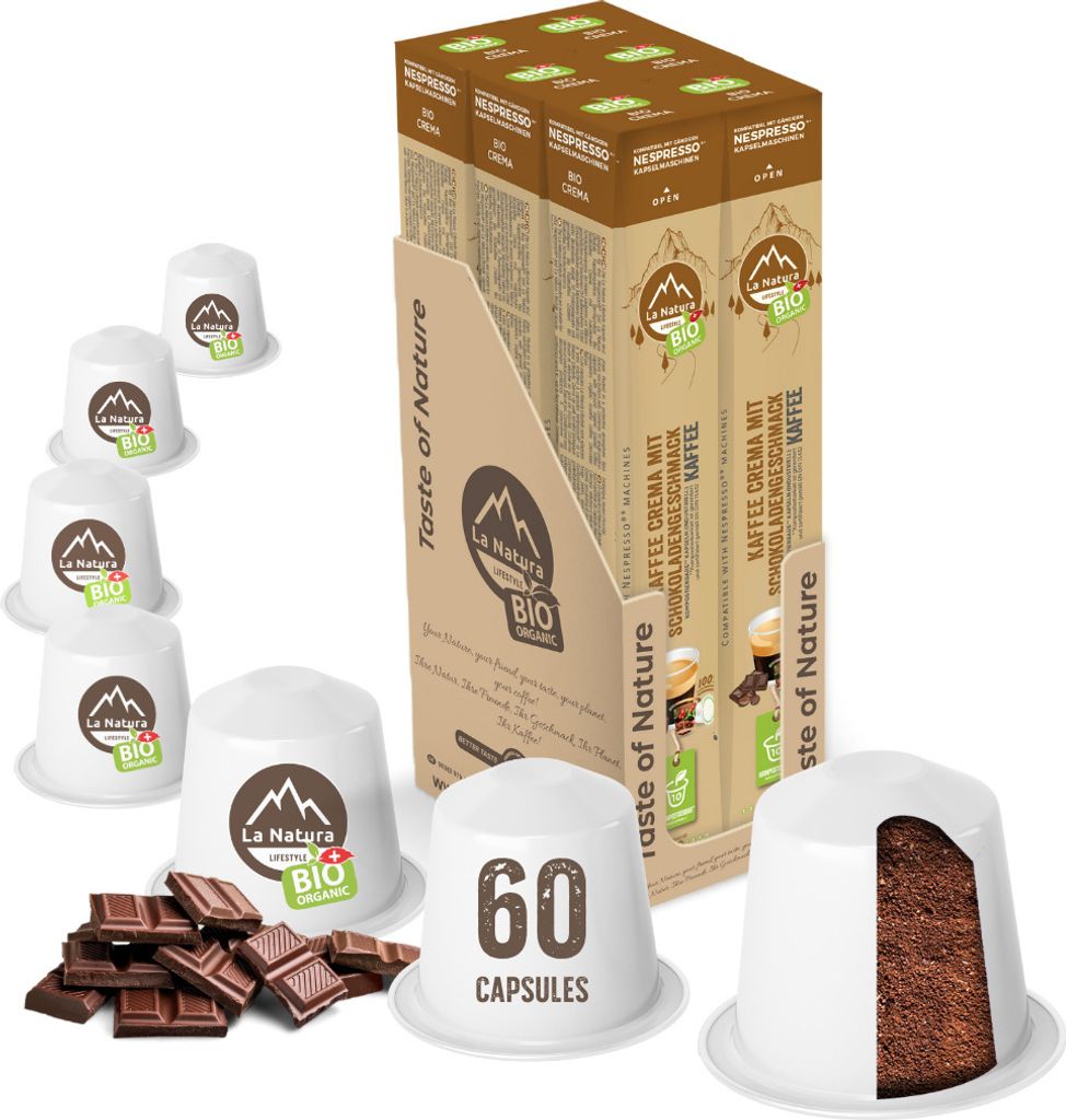 Crema Schokolade Kaffee - 60 Kaffeekapseln | La Natura Lifestyle Organic 306g| biobasiert | Nespresso *³ kompatible