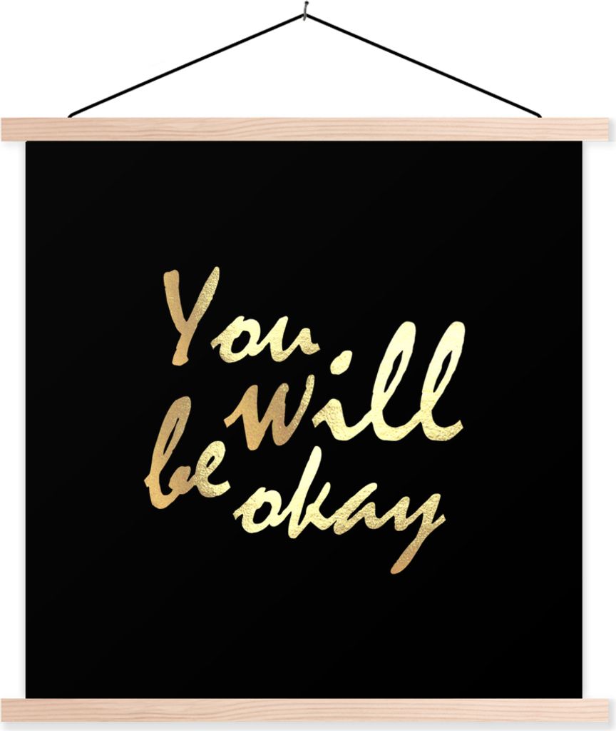 MuchoWow Textilposter Zitat - Motivation - Gold - Schwarz 120x120 cm mit holzfarbenen Rahmen - Textil-Poster