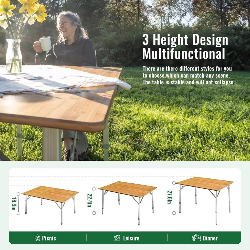 Table de Camping Bambou Hauteur Réglable 120x70 cm KingCamp Robuste - 7