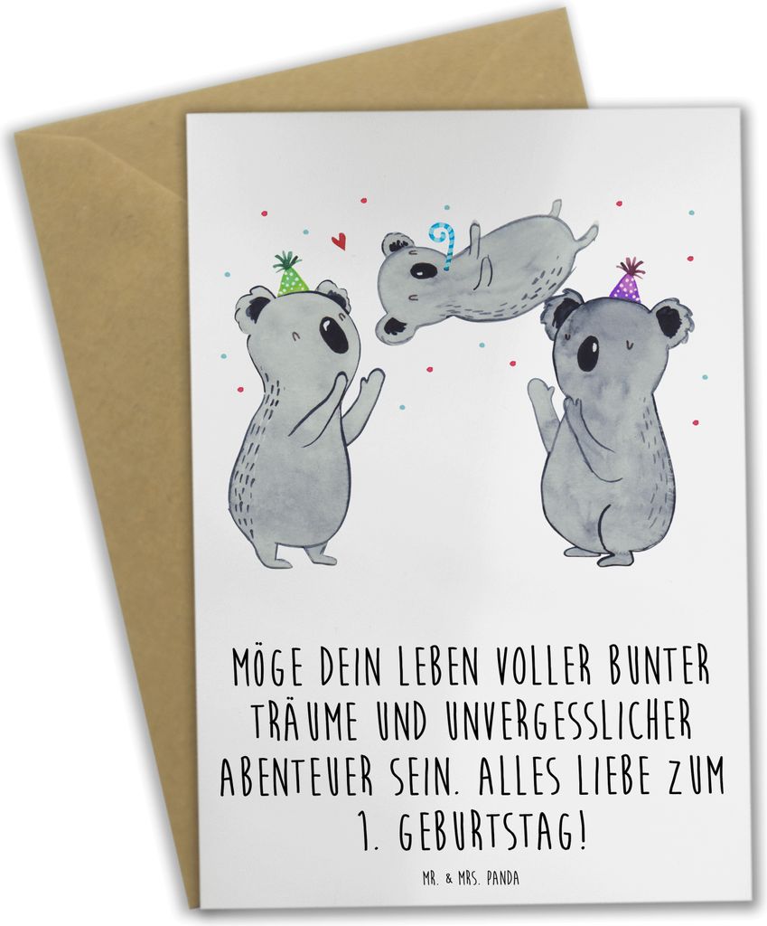 Mr. & Mrs. Panda Grußkarte Alles Liebe zum 1. Geburtstag - Weiß - Geschenk, einladungskarten, Happy Birthday, bunte Träume, Geburtstagsgeschenk,...