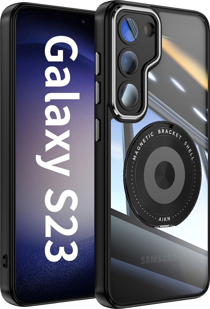 Handyhülle für Samsung Galaxy S23 Transparent Militärschutz mit Magnetring Ständer und Kameraabdeckung Schwarz