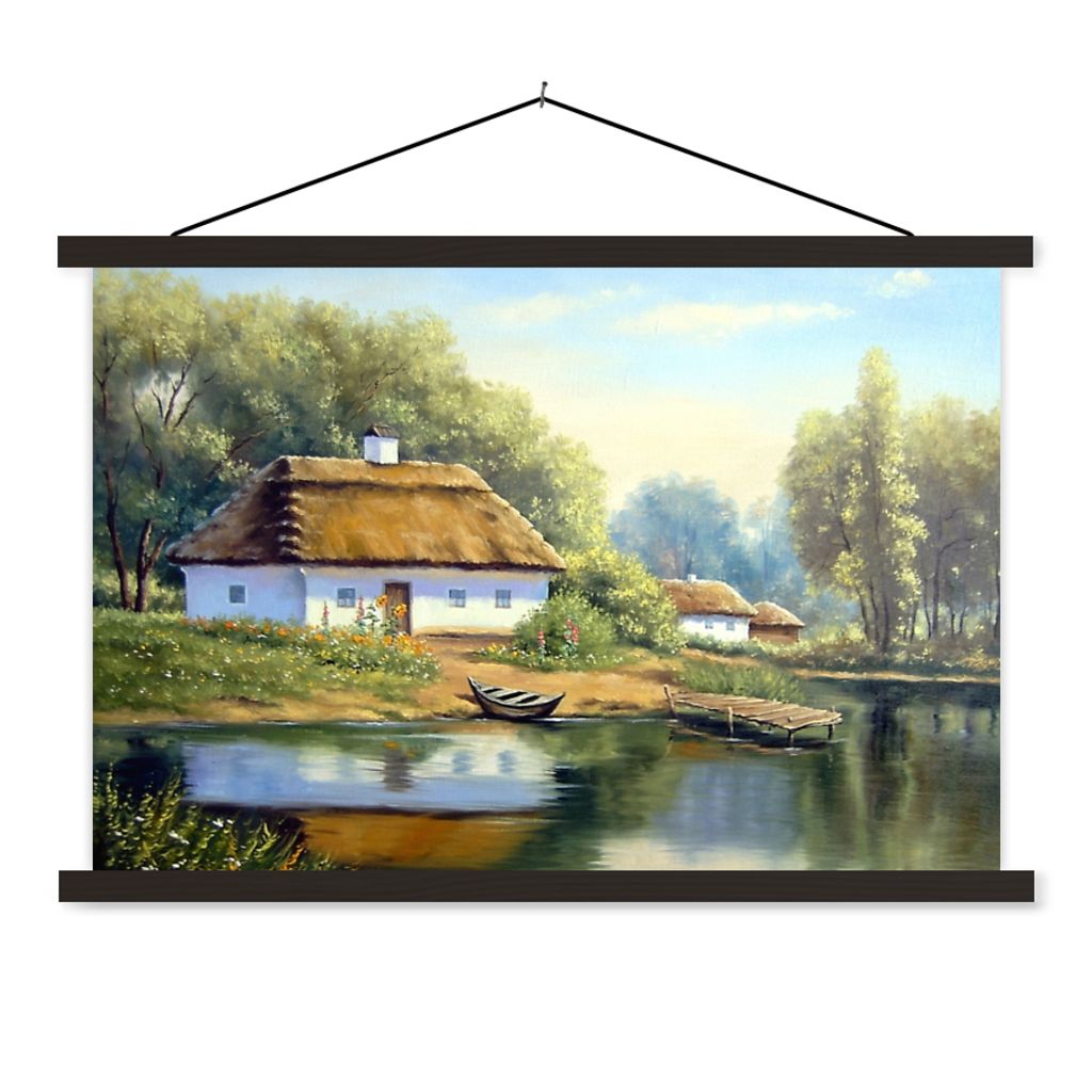 MuchoWow Textilposter Malerei - Haus - Natur - Wasser - Ölfarbe 150x100 cm mit schwarzem Rahmen - Schlafzimmer