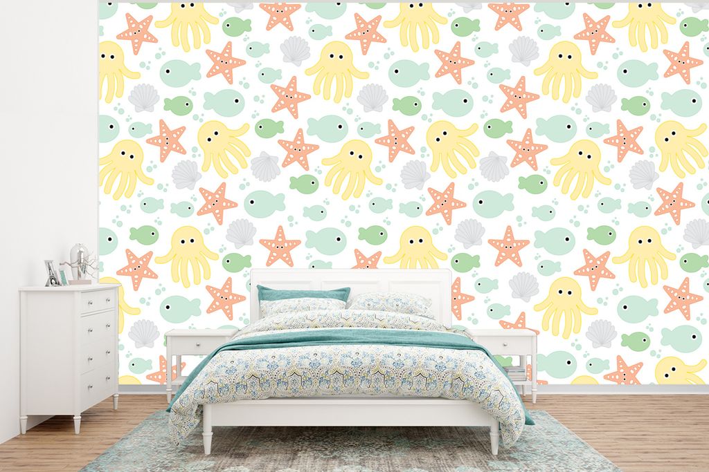 MuchoWow Fototapete für Wohnzimmer oder Schlafzimmer Wandtapete Vinyl Motivtapete Meerestiere - Baby - Muscheln - 320x240 cm - Tapeten
