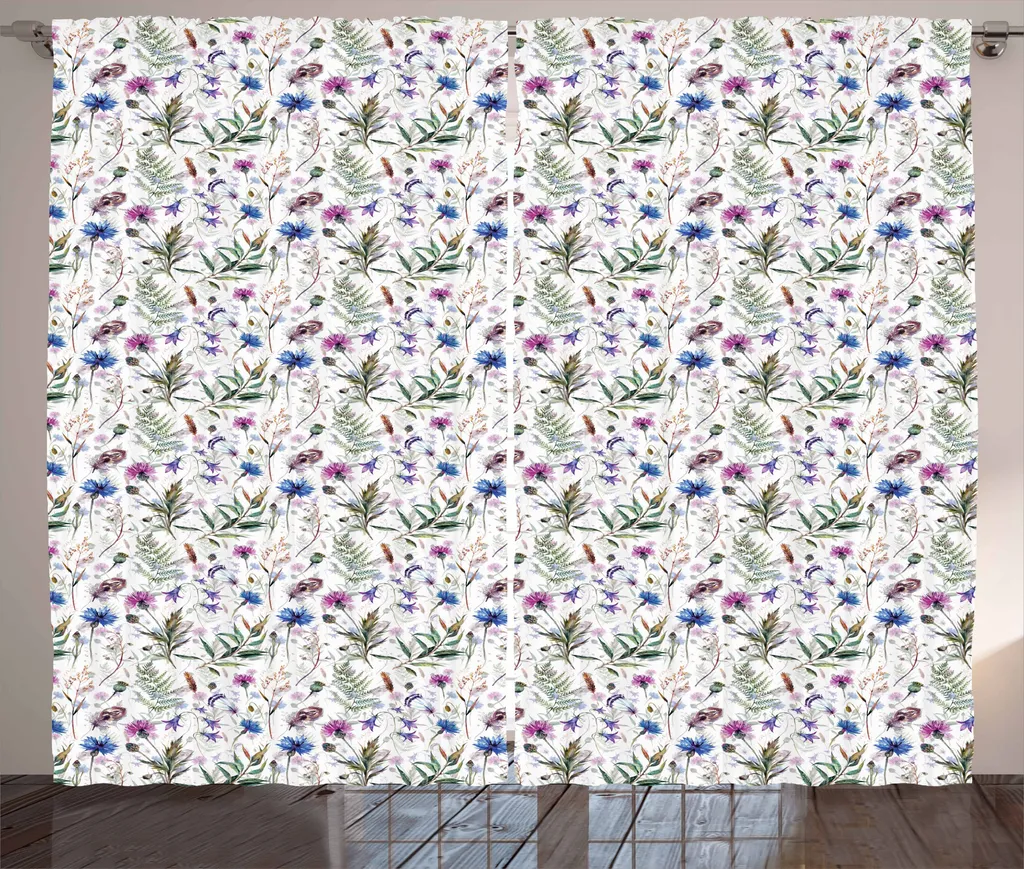 ABAKUHAUS Tenda rustica con motivo a cardi, fiori selvatici acquerellati, tenda con passanti e ganci per camera da letto, 280 x 175 cm, multicolore