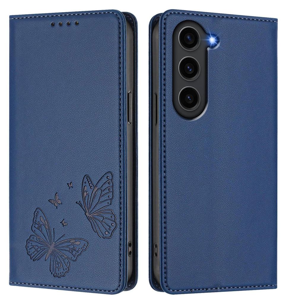 Lederhülle für Samsung Galaxy S23, Schmetterling Prägung Leder Brieftasche Schutzhülle mit Ständer Dunkelblau