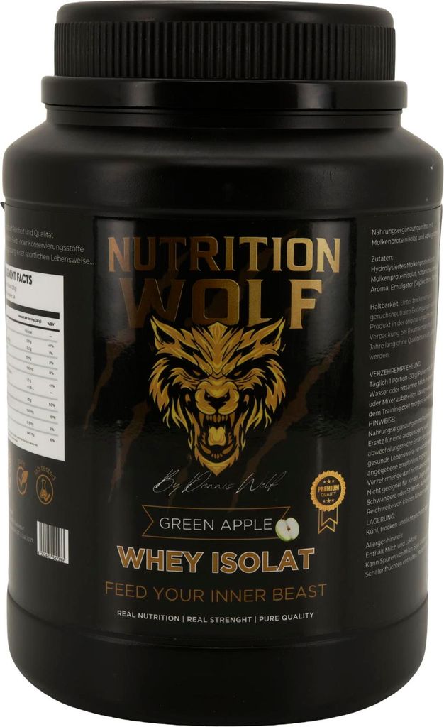 Nutrition Wolf Whey Isolat 1000g Reines Proteinpulver für Muskelaufbau & Fitness - Apfel