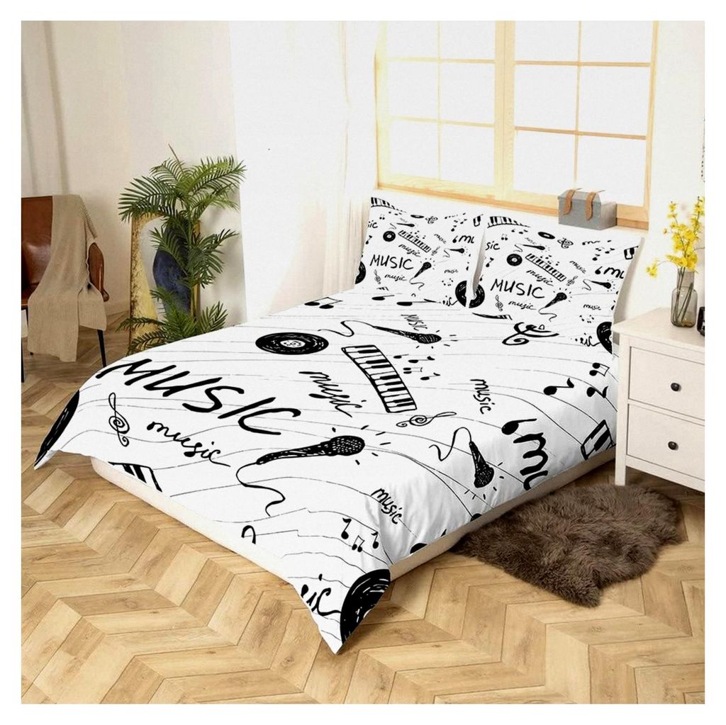 Bettwäsche im Musikdesign, 140 x 200 cm, Schwarz und Weiß, Musiknoten, Bettbezug, Motiv: Musiknoten, Bettbezug, Teenager, Retro, Musik, Mikrofon,...