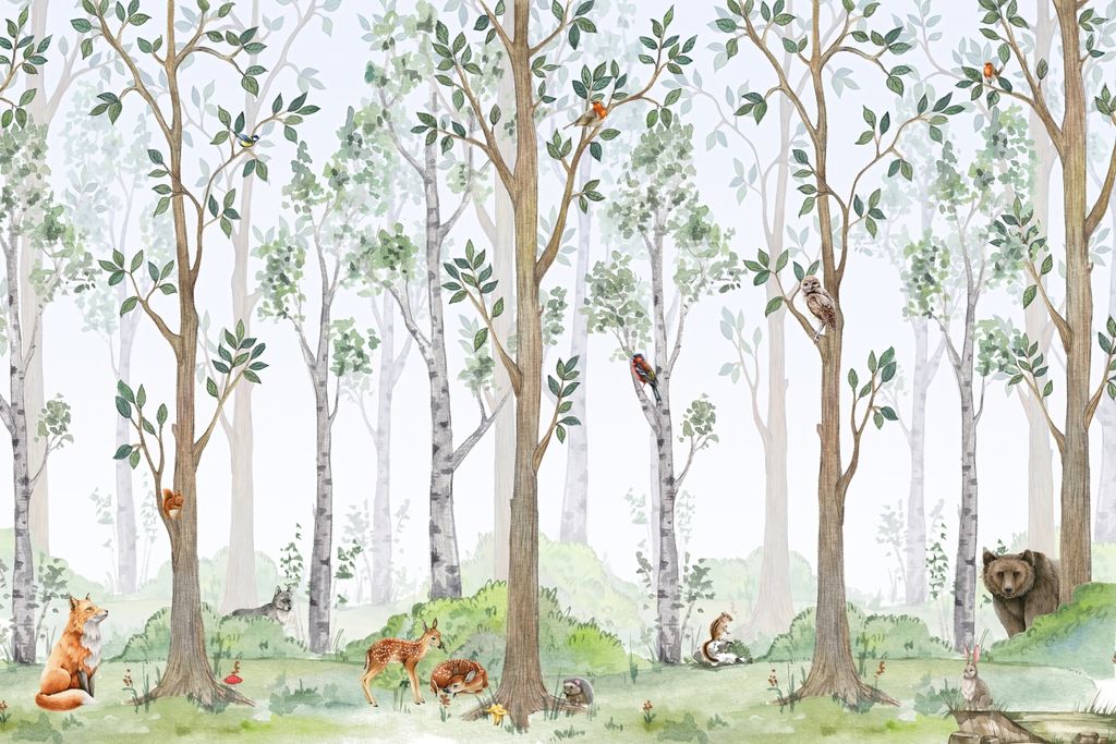 Deco-Wall | Viles Fototapete- Kinderzimmer | Wald, Bäume, Waldtiere | 300x200 cm | Wandtapete | Wandsticker für Kinder