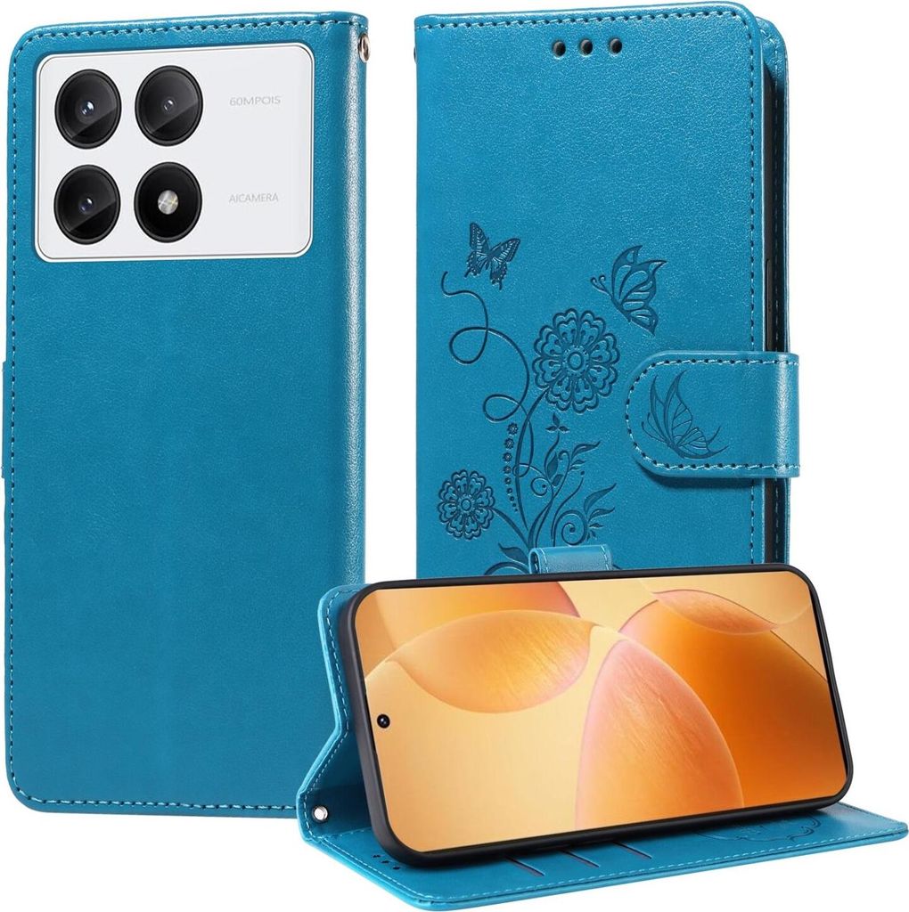 Mobigear Flowers POCO X6 Pro Hülle Klapphülle Geldbörse - Blau