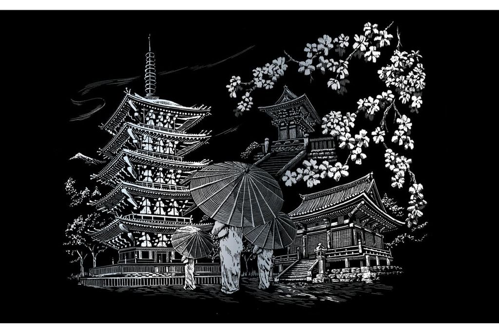 PRACHT Kratzbild Kyoto Tempel silber 29x39cm
