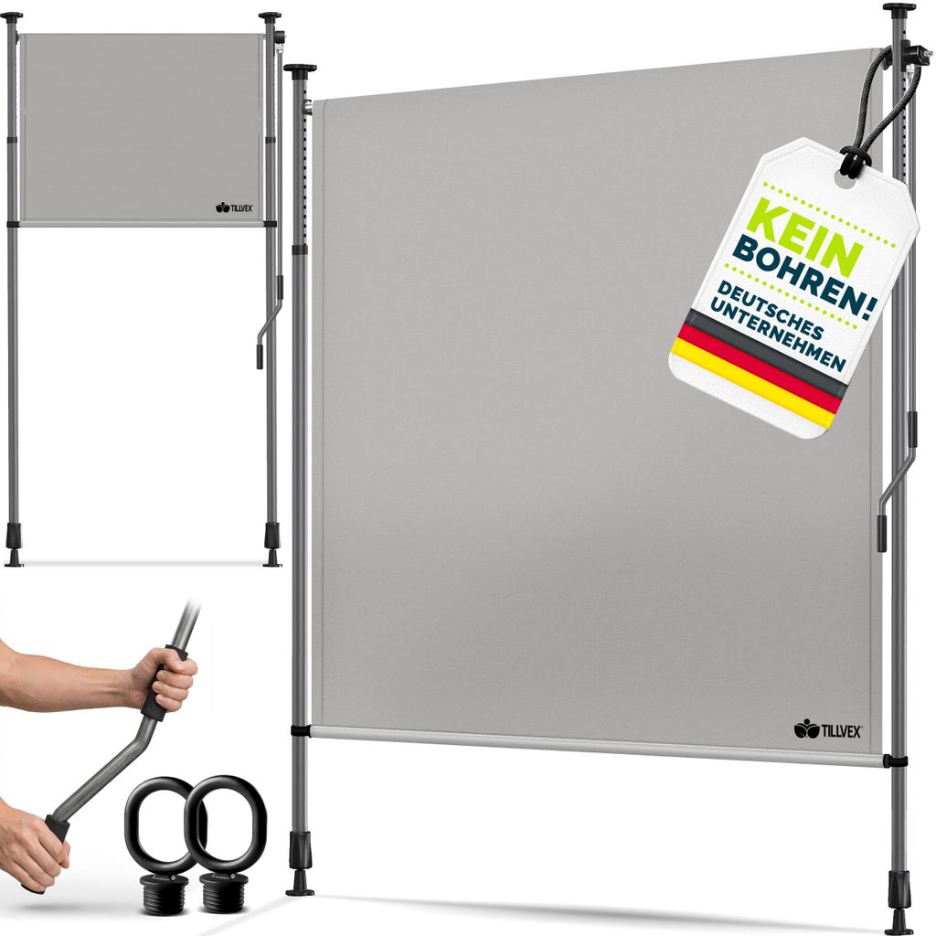 tillvex Klemmmarkise Senkrechtmarkise 120x310cm Grau mit Handkurbel ohne Bohren | Sichtschutz Ausziehbar & Blickdicht | Vertikalmarkise Balkon Te...