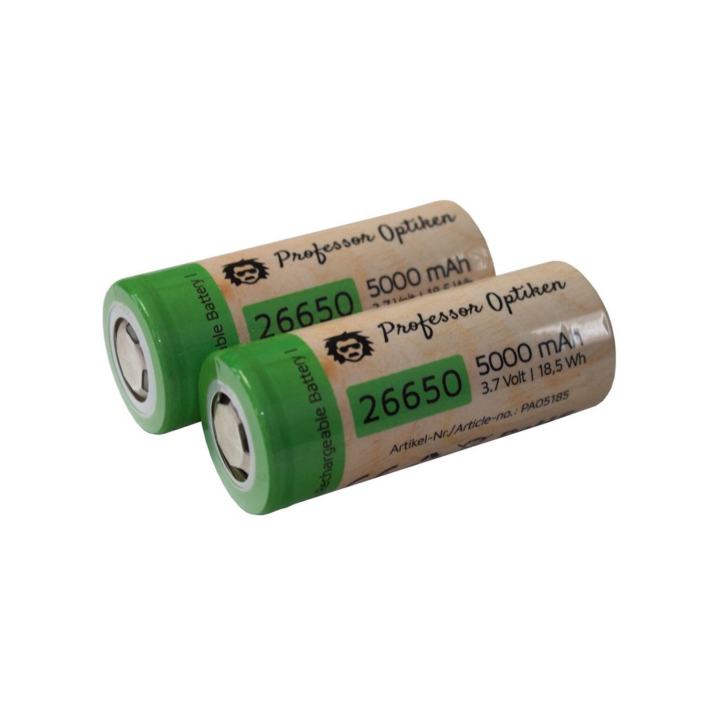 Professor Optiken 2er-Set Lithium-Ionen-Akku - Typ: 26650, 3,7 Volt mit 5000 mAh Hochleistungs-Akku für Taschenlampen und e-Zigaretten (Vape)