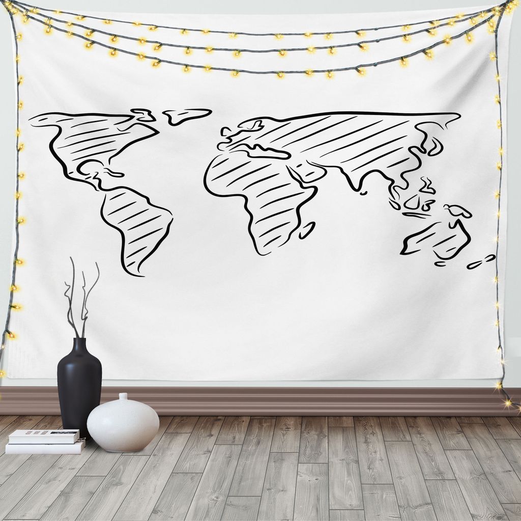 ABAKUHAUS Weltkarte Wandteppich, Skizze Umriss, Wohnzimmer Schlafzimmer Wandtuch Seidiges Satin Wandteppich, 150 x 100 cm, Weiß Schwarz