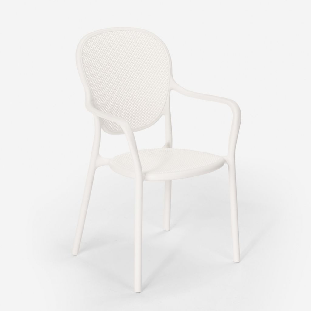 A white plastic chair with armrests is shown against a white background.