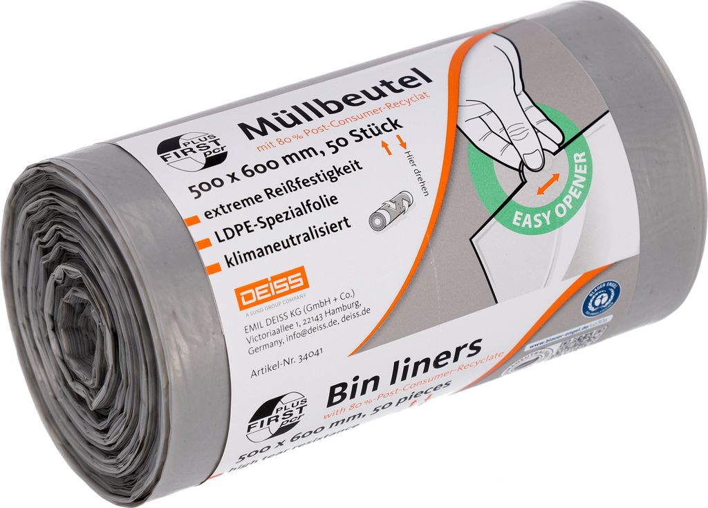 DEISS Müllbeutel FIRST PLUS pcr 30,0 l grau 14 μm, 50 St.