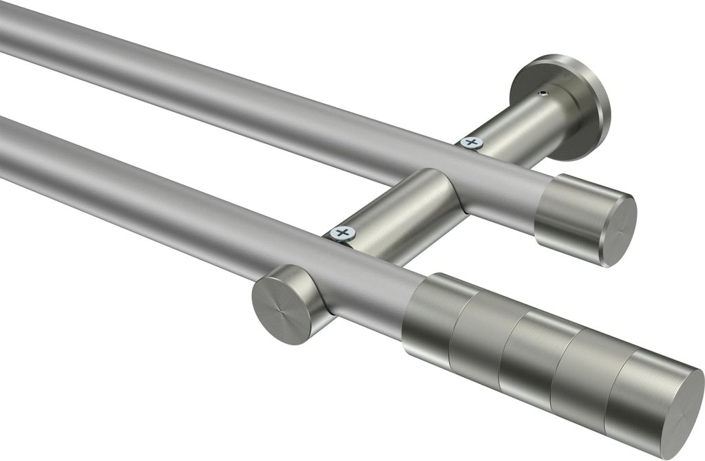 Interdeco Gardinenstange / Vorhangstange Silbergrau / Edelstahl-Optik, Typ Platon Mavell (Zylinder) ohne Ringe, 20 mm Ø 2-läufig, 600 cm