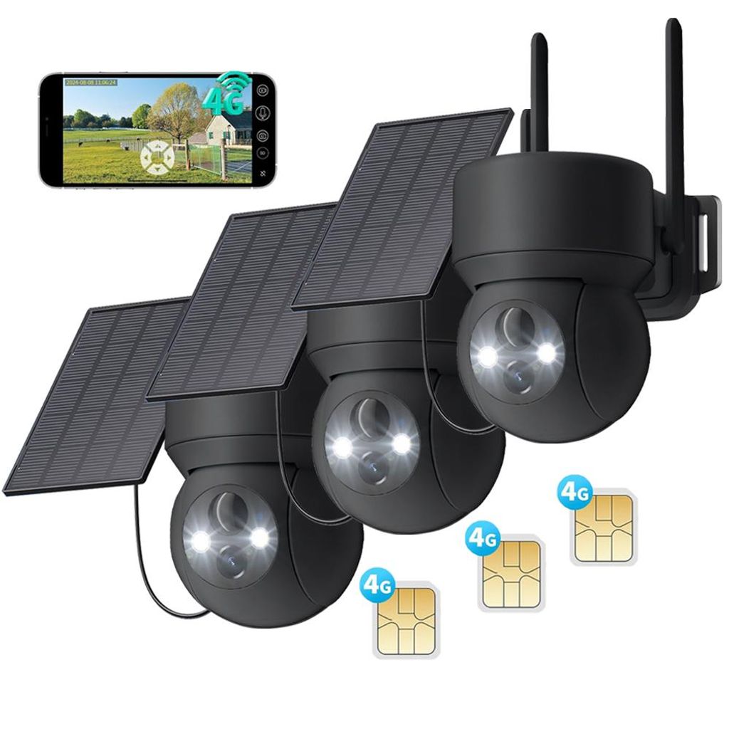 3 Stück 4G LTE Überwachungskamera Aussen Solar mit SIM Karte 2K HD PTZ Kabellos Kamera Ohne WLAN Outdoor Akku Farb Nachtsicht PIR Erkennung