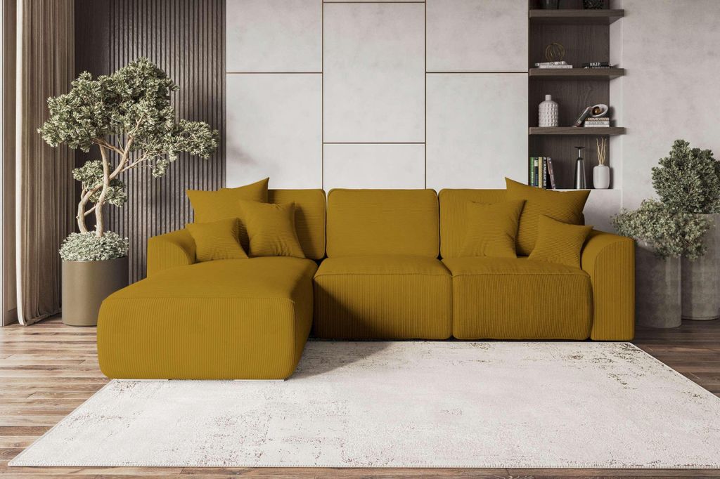 99rooms Gusto Ecksofa Cordstoff POSO Gold Links mit Schlaffunktion