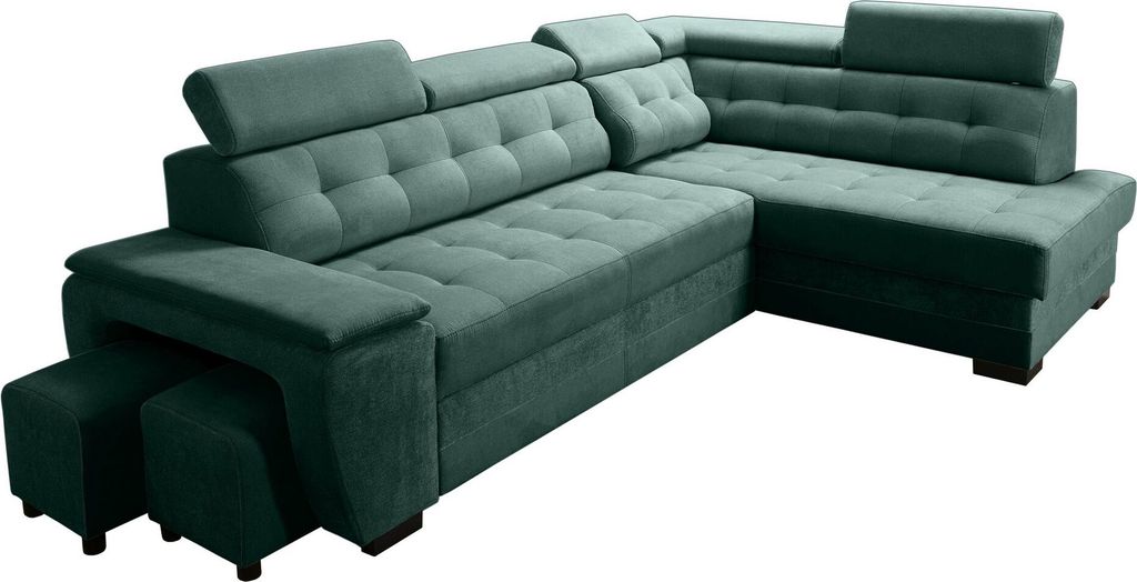Robin Grand Ecksofa mit Schlaffunktion Bettkasten Kopfstützen 277x180x86 Flaschengrün Rechst