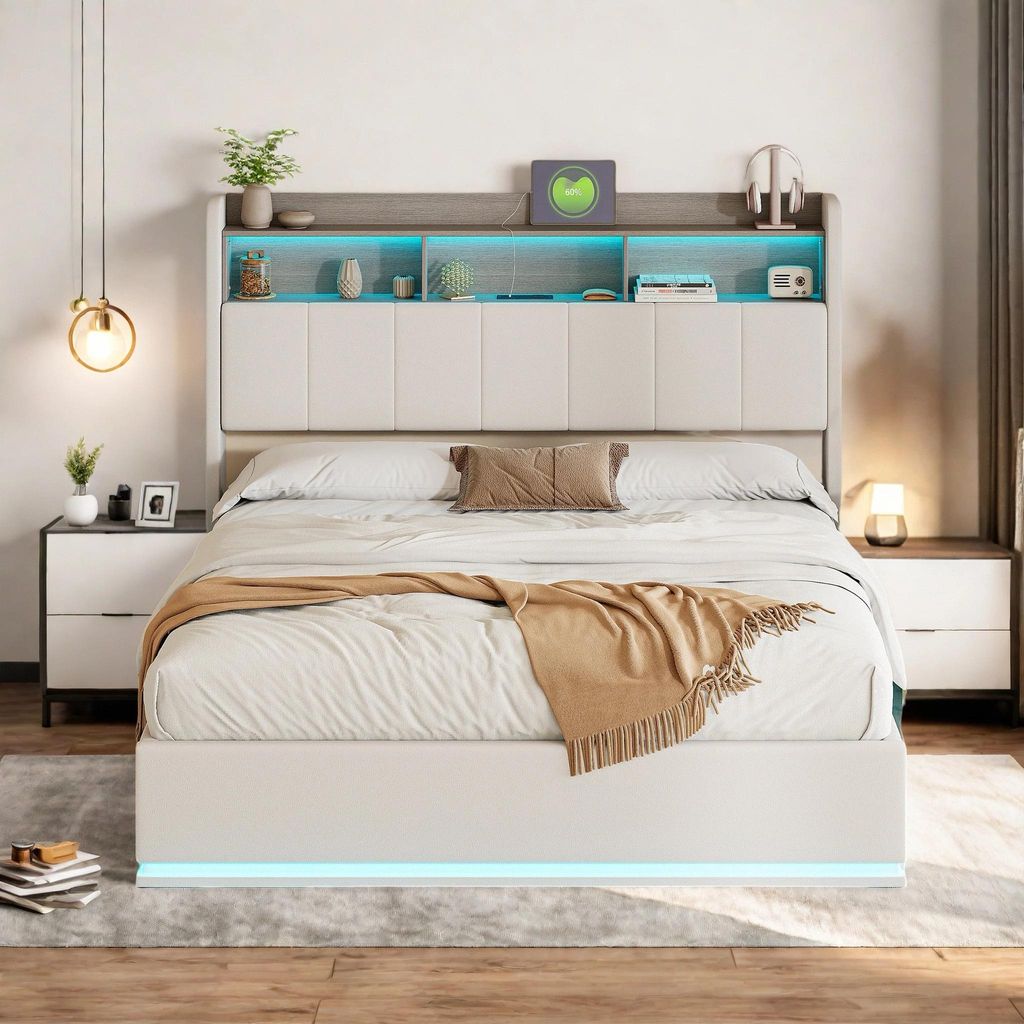 Polsterbett - Doppelbett 140x200 cm - Stauraum - Metallrahmen - Samt - Mit Kopfteil - Weiß