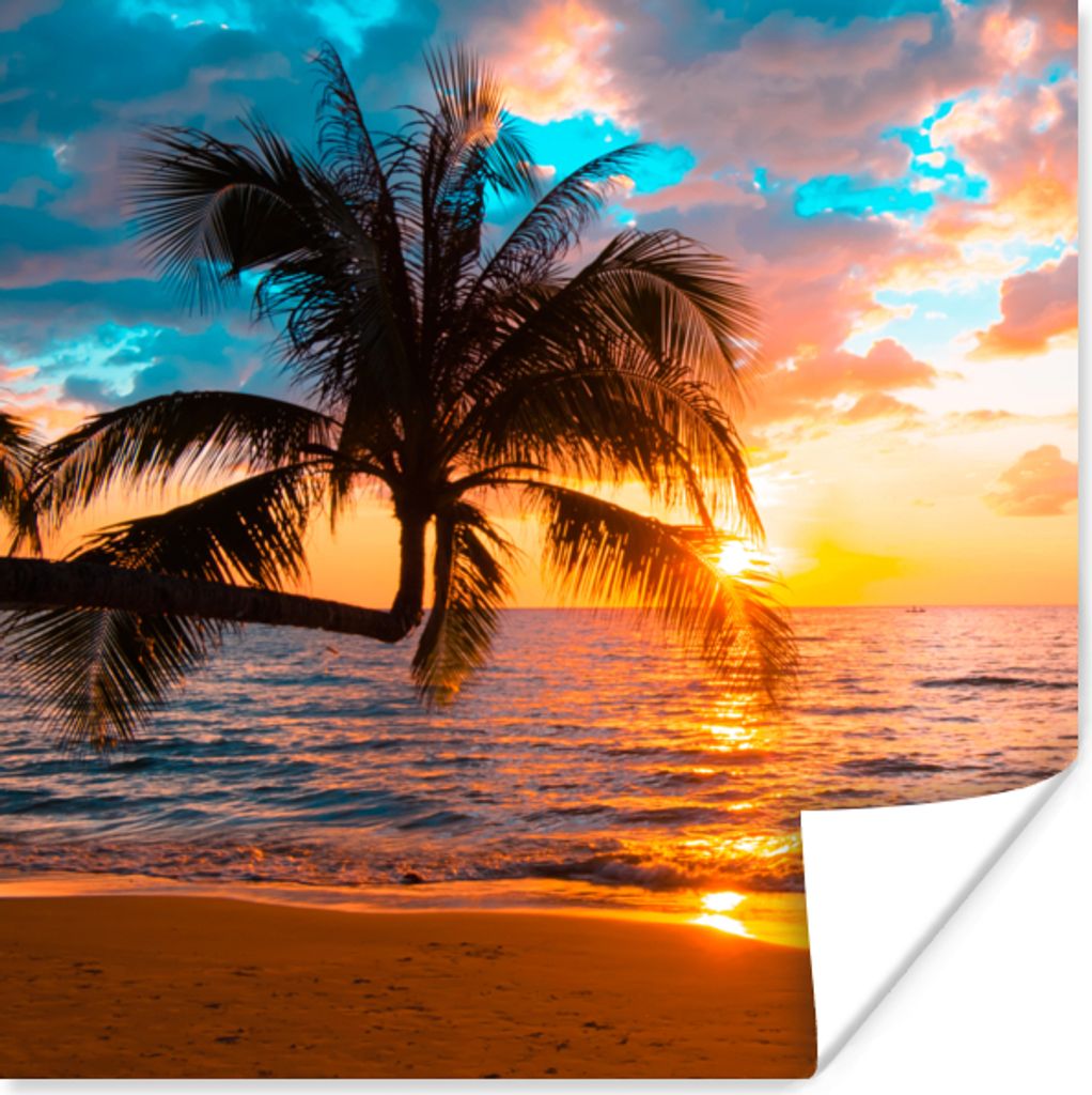 MuchoWow Poster Palme - Sonnenuntergang - Horizont - Strand - Meer - Tropisch 100x100 cm - Babyzimmer