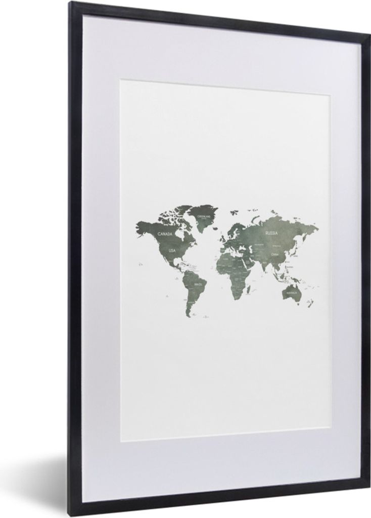 MuchoWow Gerahmtes Poster Weltkarte - Grau - Land 40x60 cm - Poster mit Schwarzem Bilderrahmen Wandposter Rahmen Foto Bilder - Poster in Rahmen