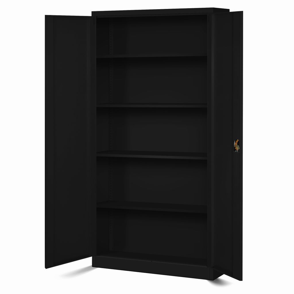 A black metal cabinet with its doors open, revealing multiple shelves.