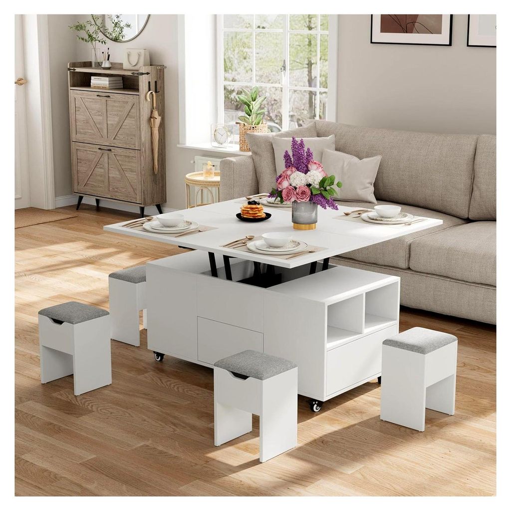 Höhenverstellbarer Couchtisch, 4-in-1-Multifunktionstisch umwandelbar in Esstisch, Couchtisch mit verstecktem Stauraum, inklusive 4 Hockern, 106L ...