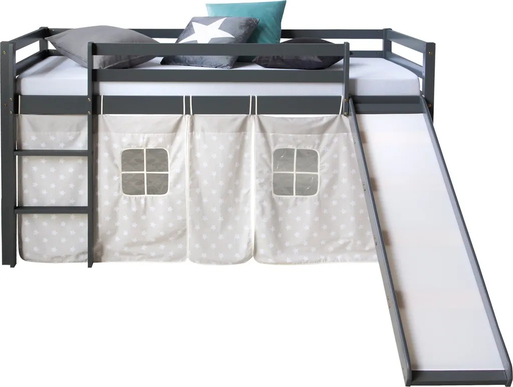Lit mezzanine sécurisé 90x200 pin massif avec toboggan et rideaux
