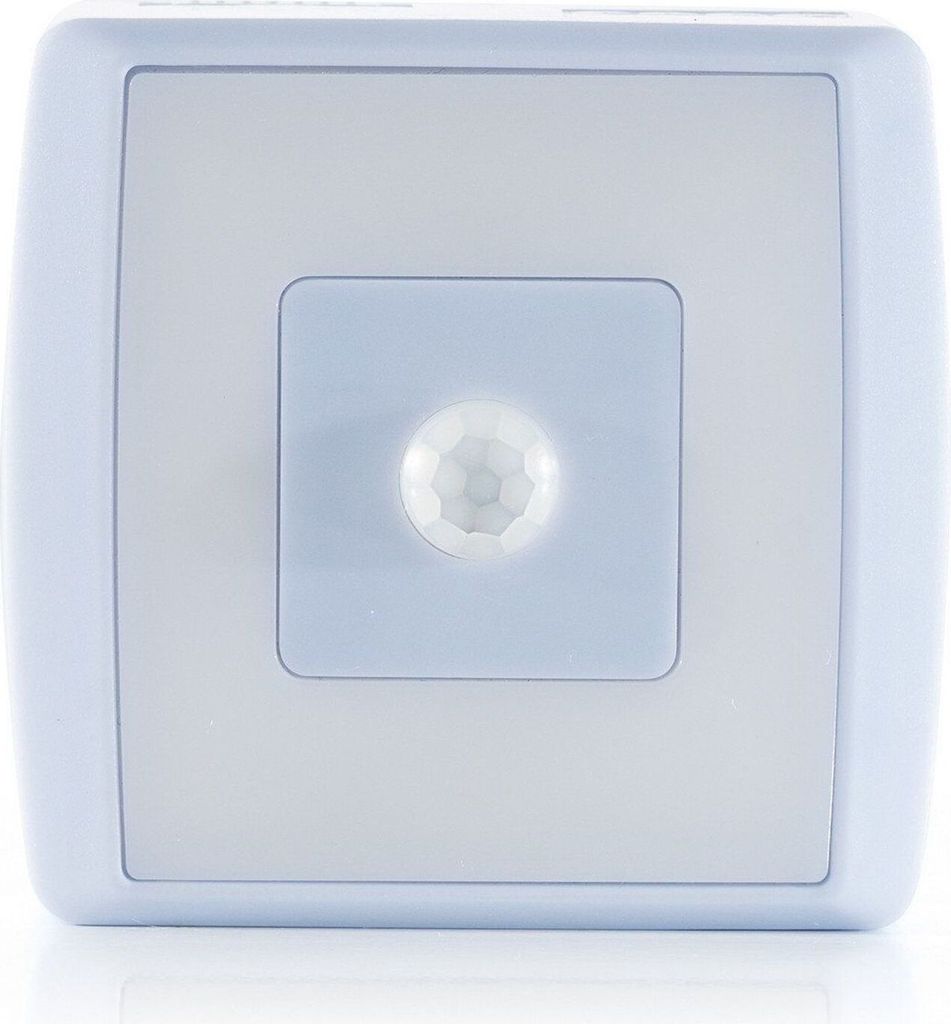 A close-up studio shot of a white and light blue night light with a motion sensor.