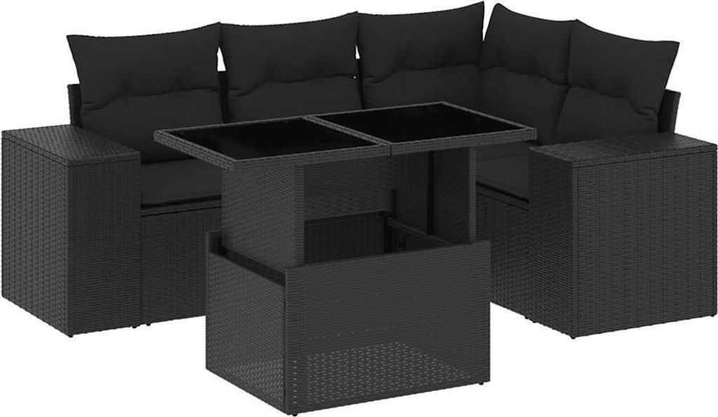 vidaXL 5-tlg. Garten-Sofagarnitur mit Kissen Schwarz Poly Rattan