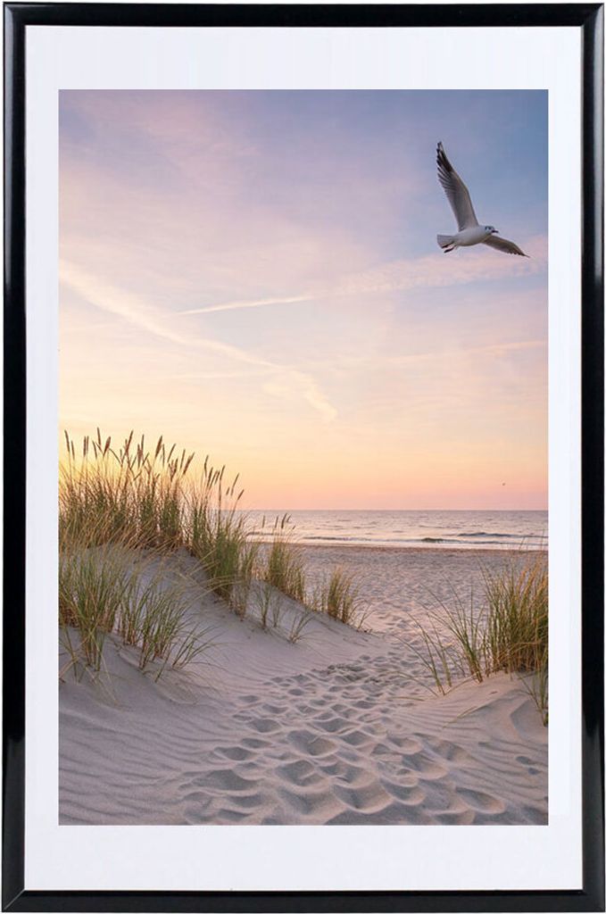 A framed picture of a beach scene with a seagull flying in the sky.