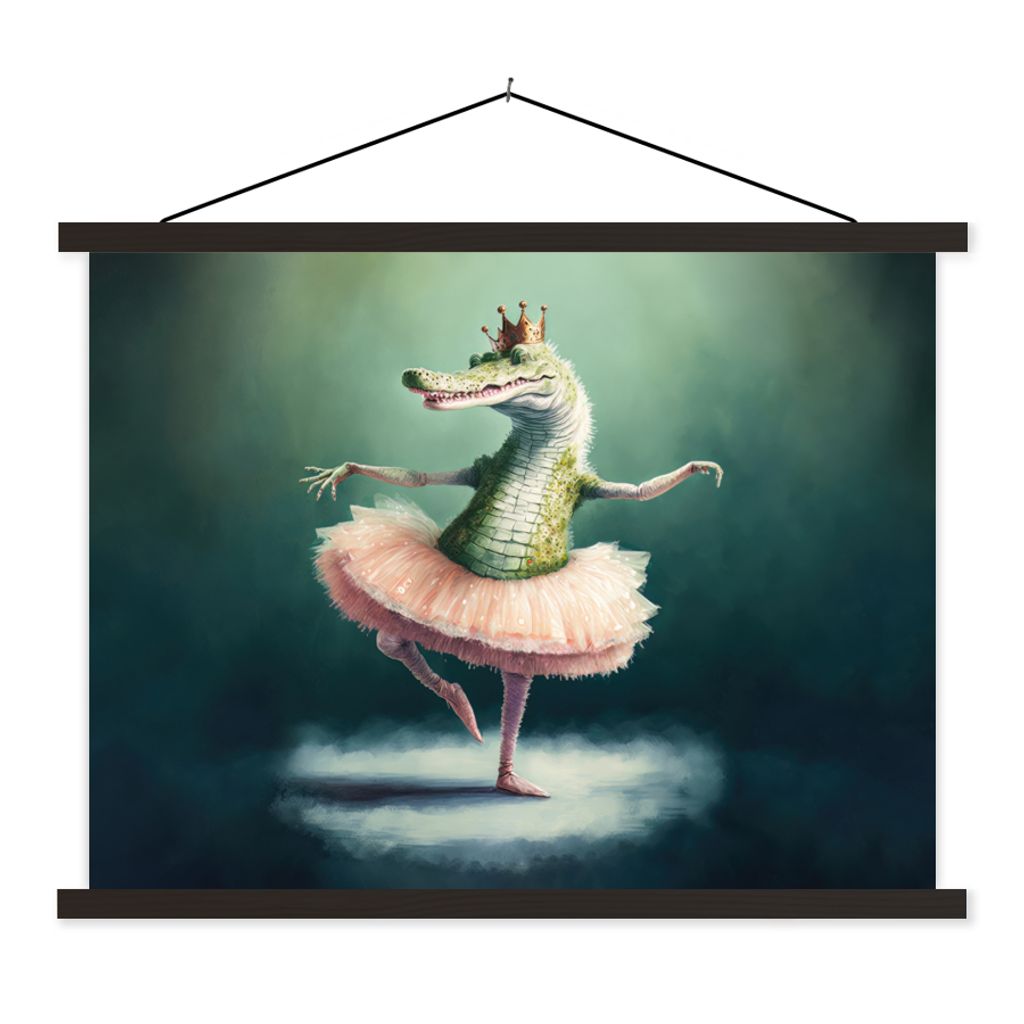 MuchoWow Textilposter Krokodil - Krone - Gold - Ballett - Porträt - Kinder 60x45 cm mit schwarzem Rahmen - Poster Schlafzimmer