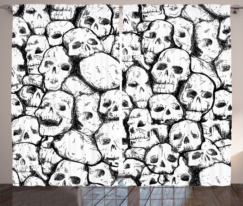 ABAKUHAUS Weiß Rustikaler Gardine, Grungy Schädel Halloween, Schlafzimmer Kräuselband Vorhang mit Schlaufen und Haken, 280 x 225 cm, Weiß Schwarz