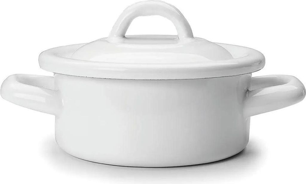 A white enamel pot with a lid and two handles, shown from a slightly elevated side angle on a white background.