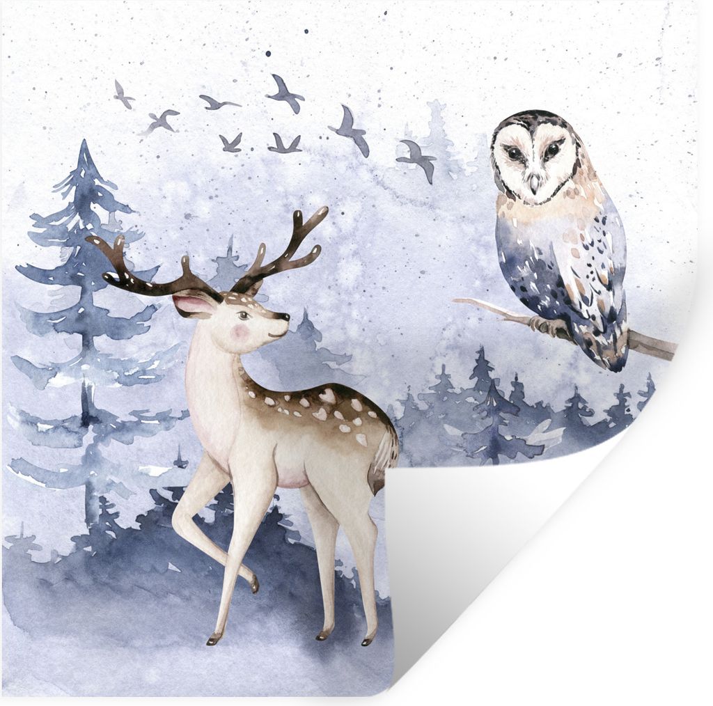 MuchoWow Wandtattoo Wandsticker Wandaufkleber Winter - Rotwild - Eule 100x100 cm Selbstklebend und Repositionierbar - Wierderverwendbar - Selbstk...