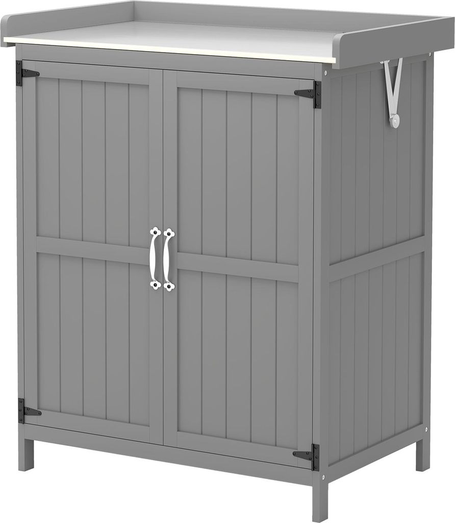 Gartenschrank Holz, Geräteschuppen wetterfest 74x43x88cm, Gerätehaus mit Klappdach Ablagen, Arbeitsfläche, Geräteschrank, Gartenhaus Werkzeugsc...