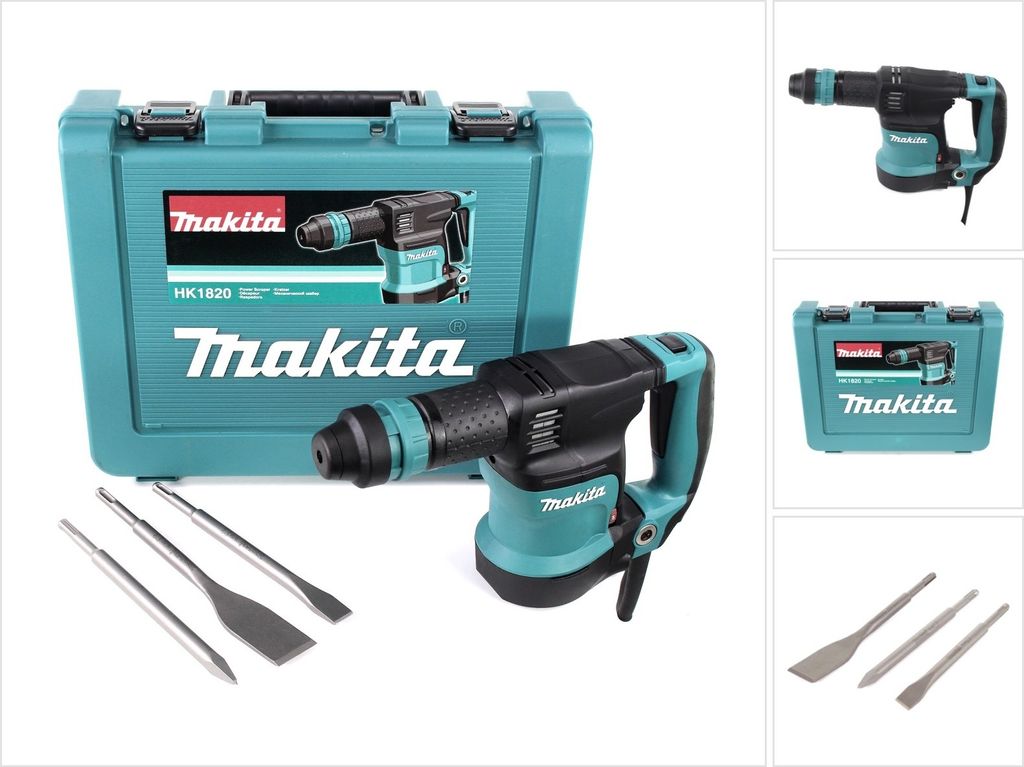 A collage of images showing a Makita demolition hammer, its case, and accessories.