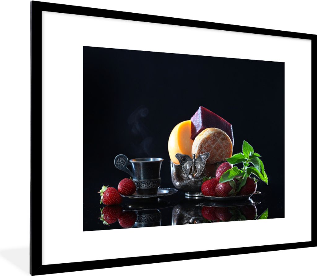 MuchoWow Gerahmtes Poster Rustikal - Obst - Käse - Tisch - Stilleben 80x60 cm - Poster mit Schwarzem Bilderrahmen Wandposter Rahmen Foto Bilder ...