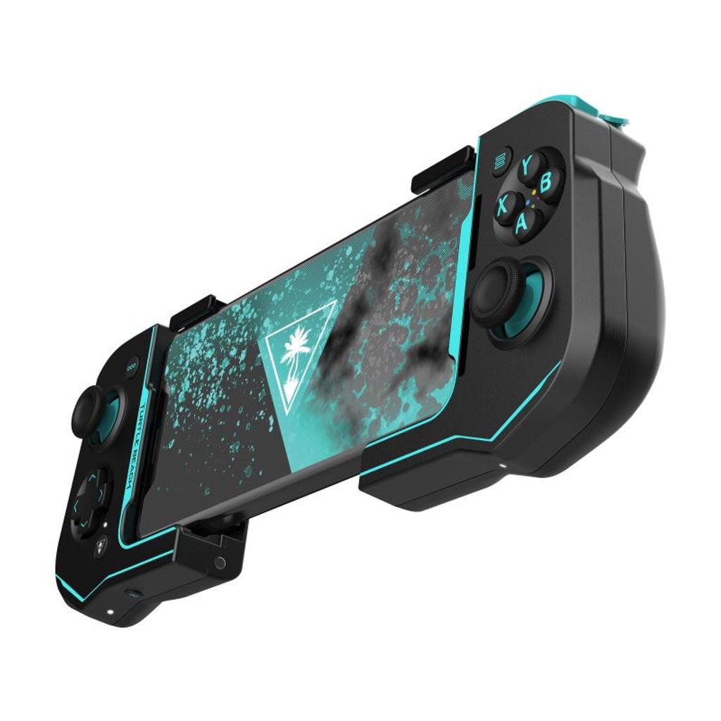 A black and teal mobile game controller with a stylized graphic on the screen.