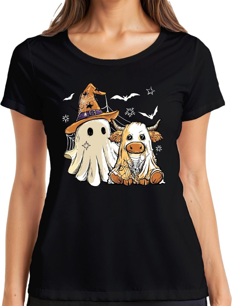 Halloween Kuh Geist süßes Kostüm Spinnennetz Hexenhut Cartoon Damen T-Shirt, Schwarz, XL