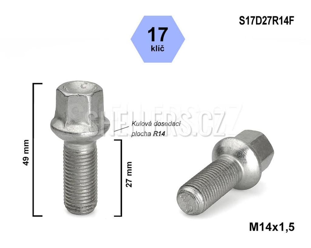 Kolový šroub M14x1,5x27 kulová R14, klíč 17, S17D27R14F, Obrázek produktu 1