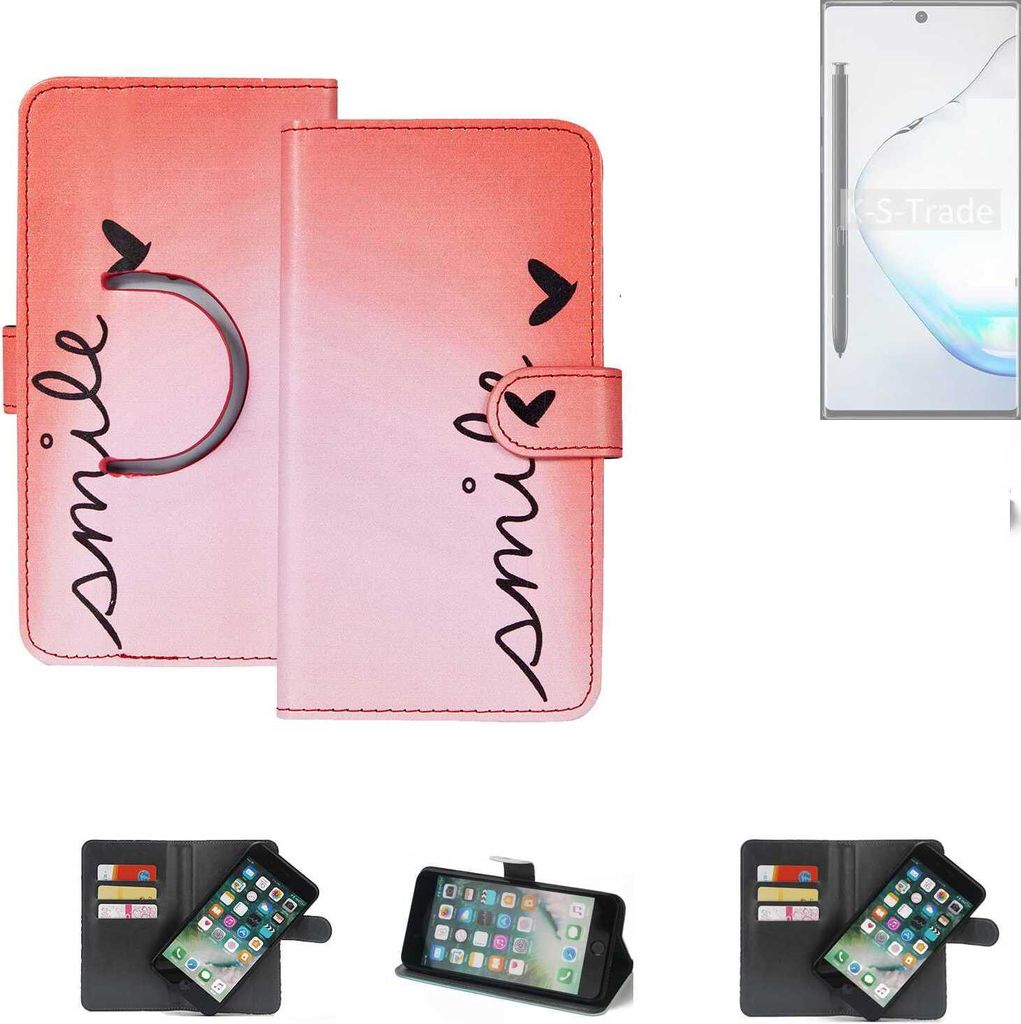 K-S-Trade Schutzhülle Handyhülle kompatibel mit Samsung Galaxy Note 10 Hülle cover bookstyle Etui ''smile'' rot Standfunktion Kameraschutz (1Stk)
