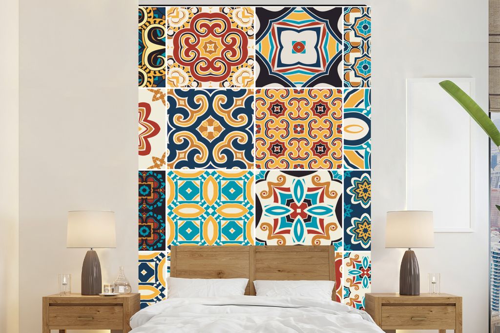 MuchoWow Fototapete für Wohnzimmer oder Schlafzimmer Wandtapete Vinyl Motivtapete Blumen - Vintage - Muster - Blau - Orange - 200x300 cm - Wandd...
